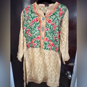 Bundle 2 for $30. Embroidered Floral Midi Dress - Cream and Green. Size Medium.